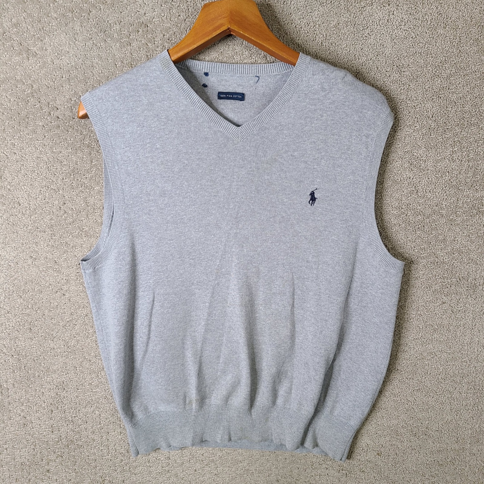 Polo Ralph Lauren Sweater Vest Men S Gray 100% Pima Cotton V-Neck Blue Pony Logo
